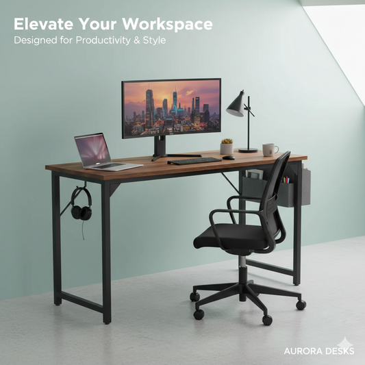 Versatile Home Office Computer Desk | Sturdy Metal Frame Gaming Table | Easy Assembly Writing Desk (Modern Wood Finish)